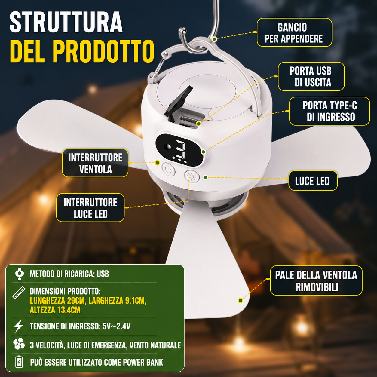 Ventilatore da soffitto portatile con luce LED e telecomando