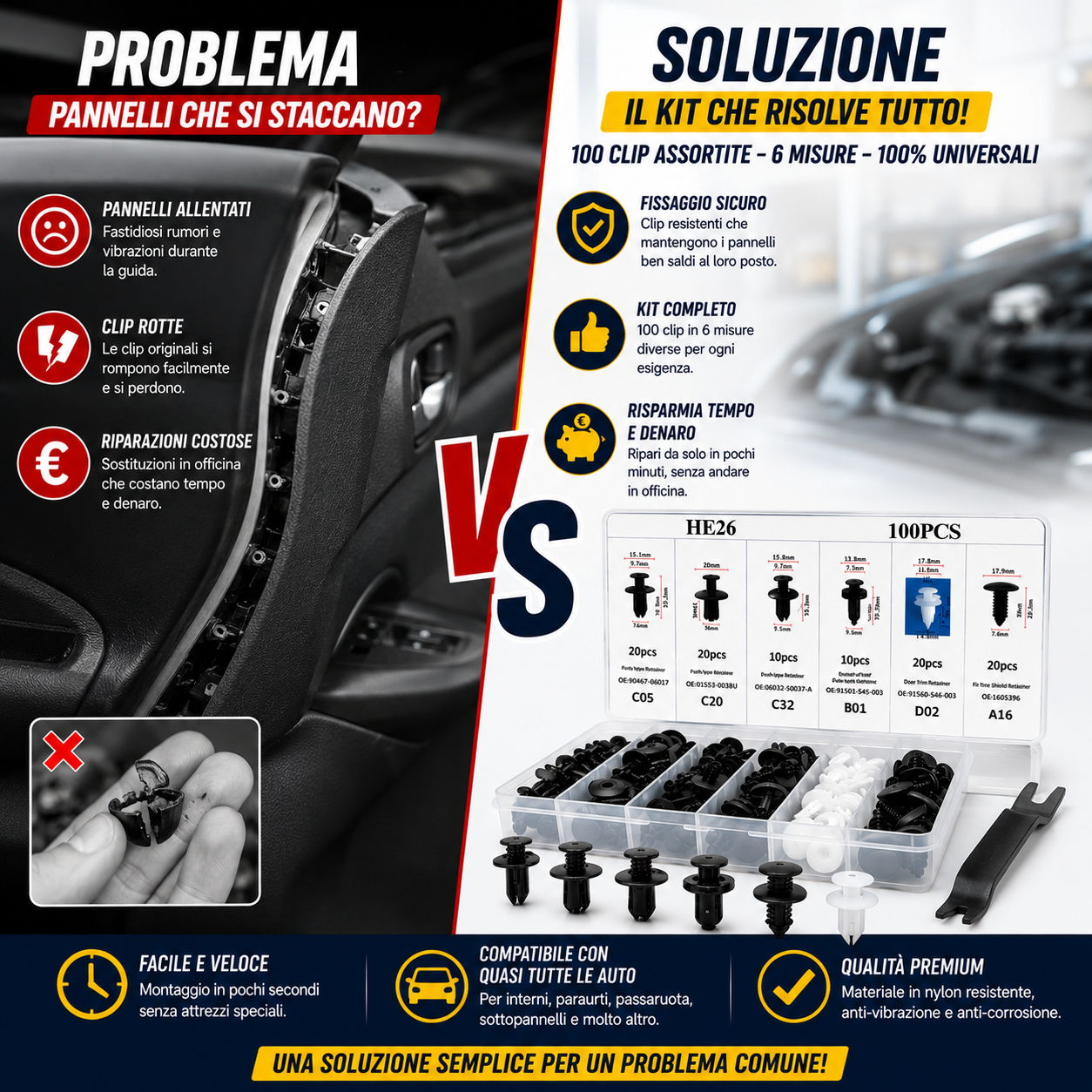 Kit Universale 100 Clip Auto con Attrezzo di Rimozione
