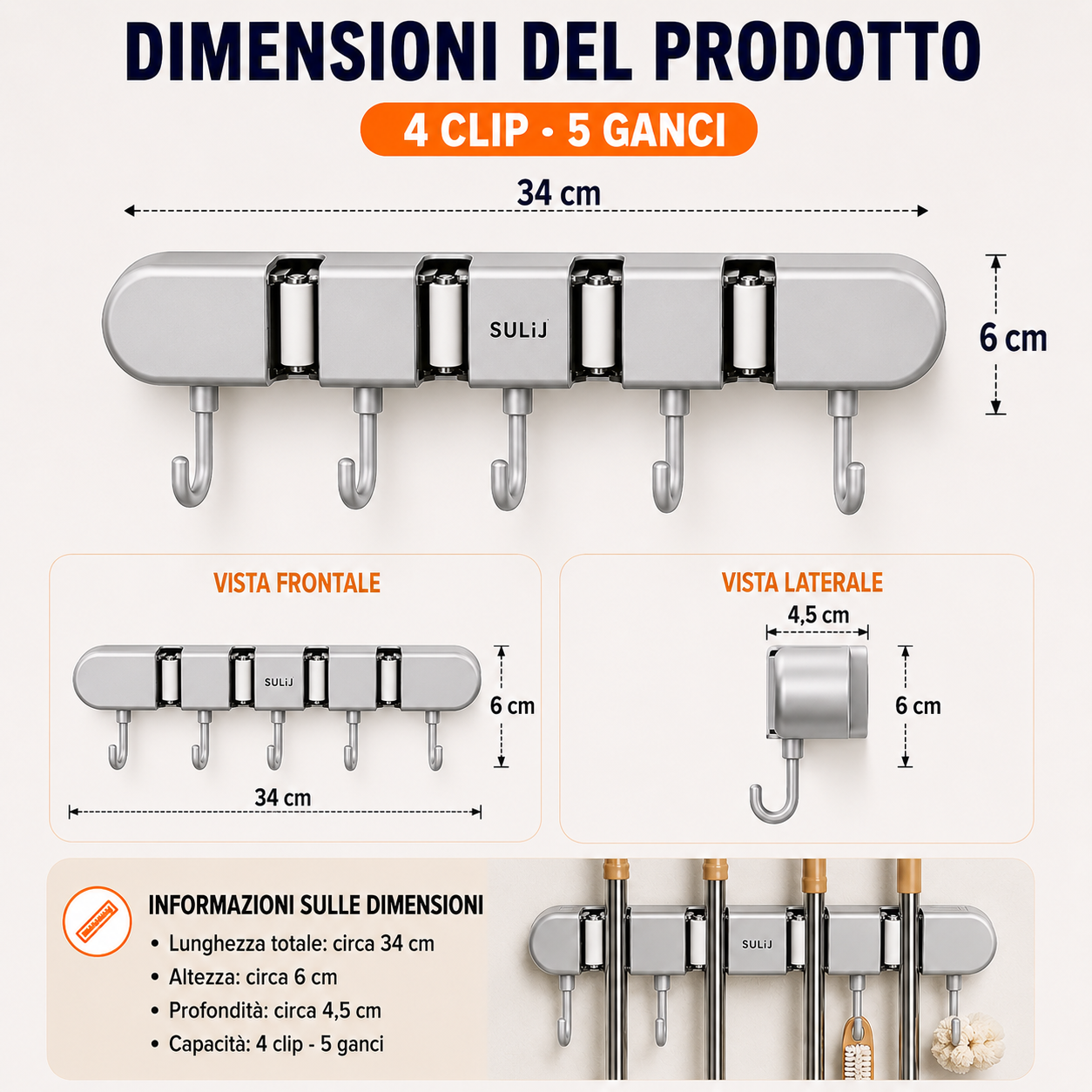 Supporto Adesivo da Parete per Scope e Mop