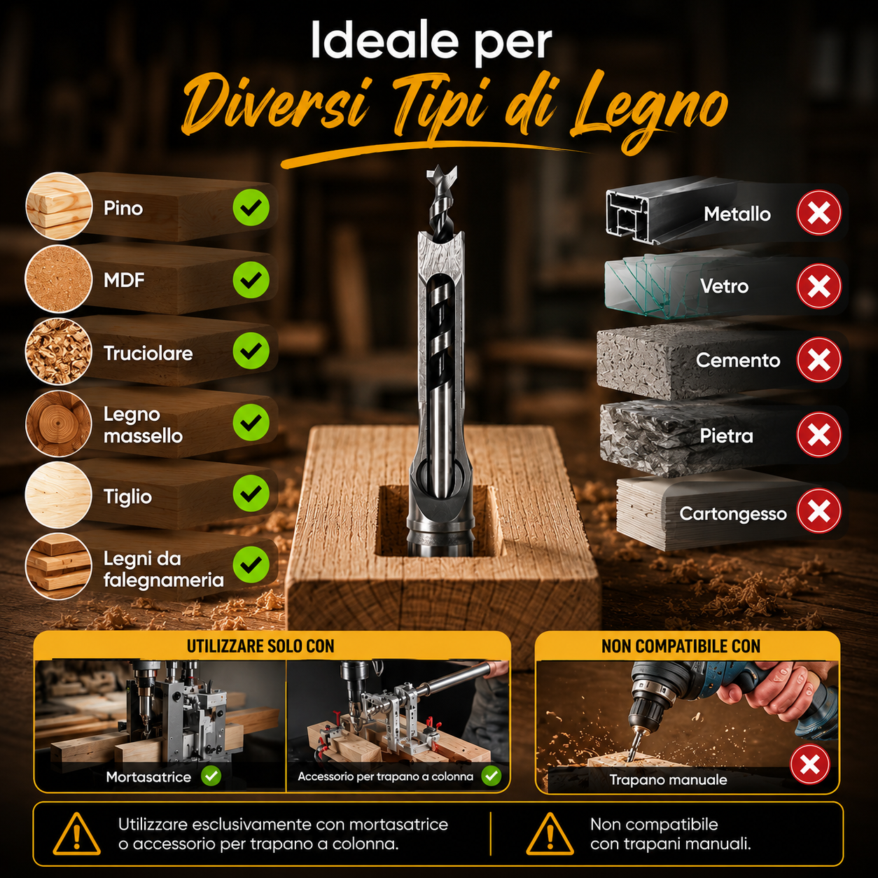 Kit Professionale per Fori Quadrati nel Legno – 4 Misure