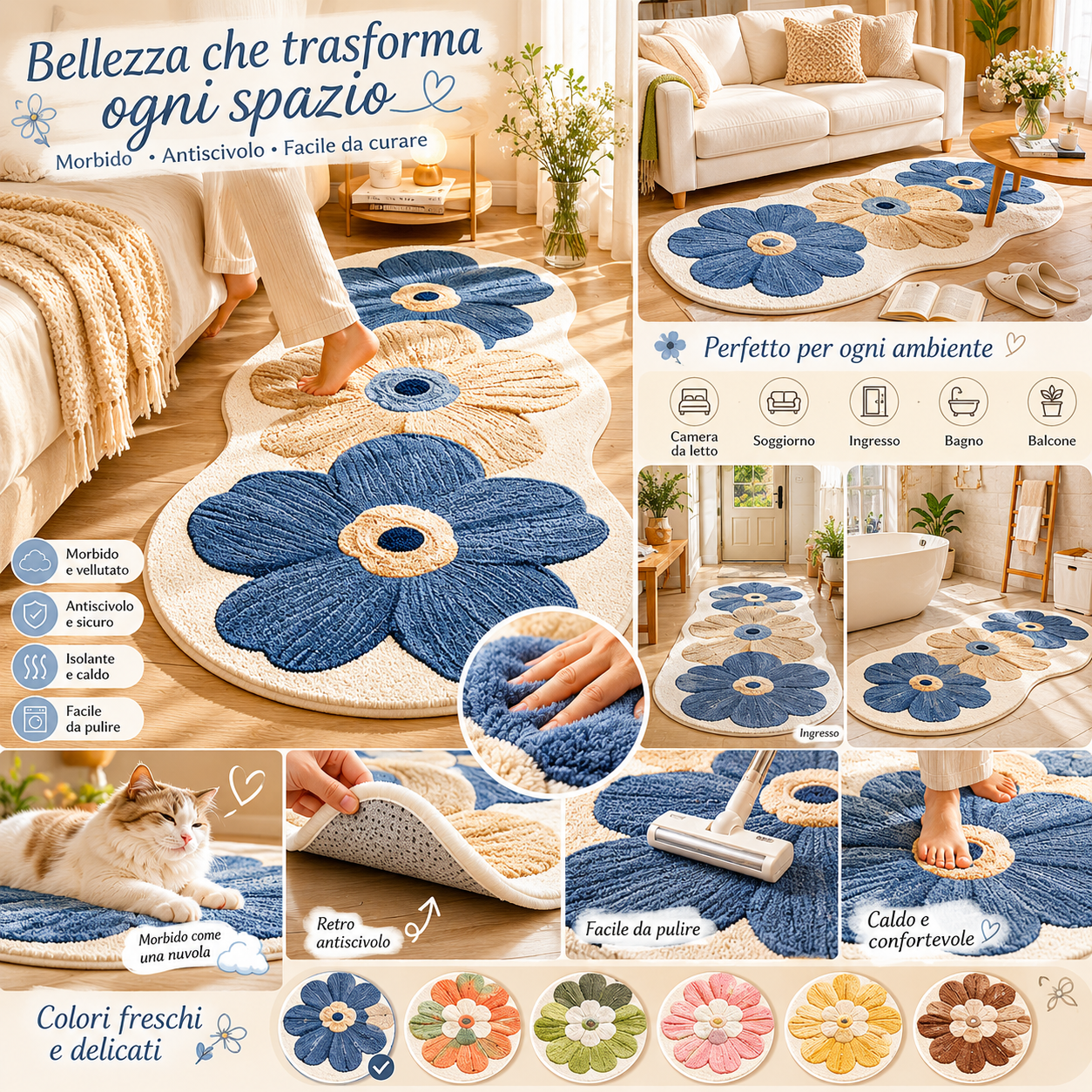 Tappeto Floreale Antiscivolo Effetto Cashmere