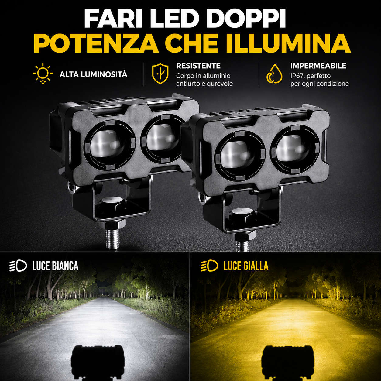 Faro LED quadrato a doppio chip con funzione fendinebbia, per moto, auto e ATV DC 12–24V.