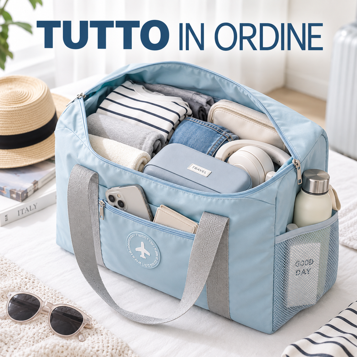 Borsone da Viaggio Pieghevole e Impermeabile con Fascia per Trolley