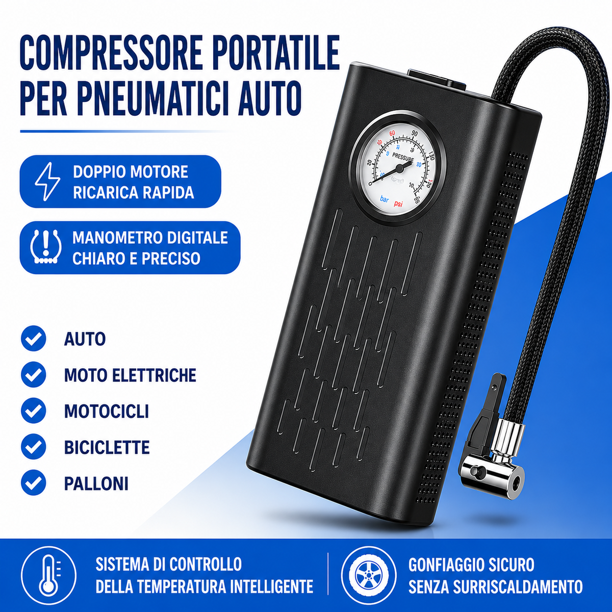 Compressore d'aria portatile senza fili, ricarica usb e arresto automatico