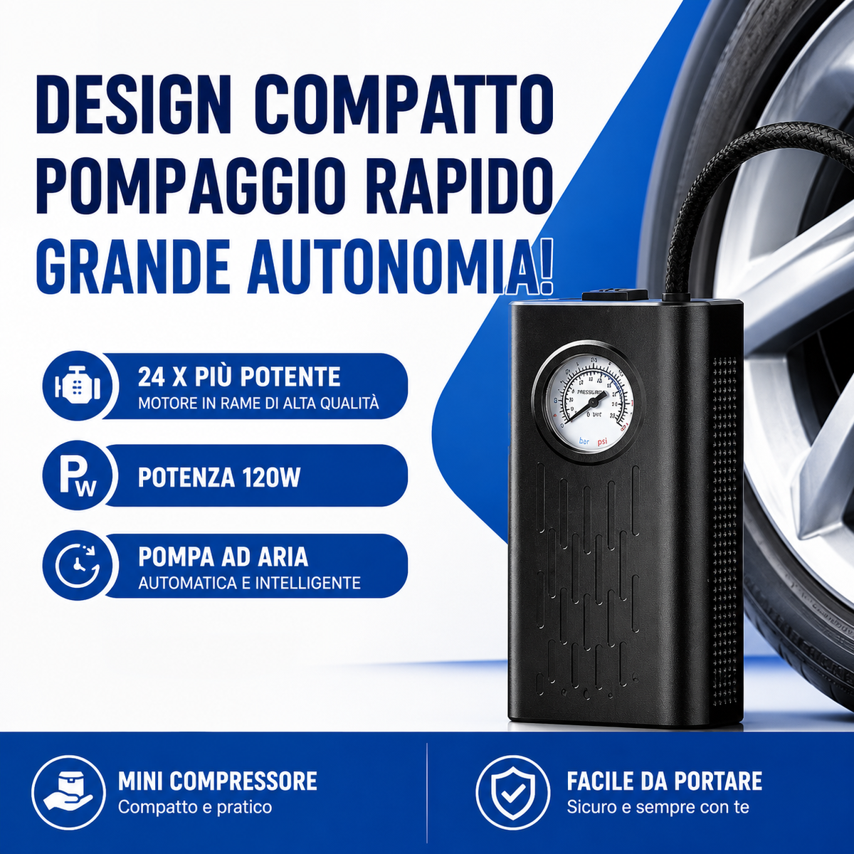 Compressore d'aria portatile senza fili, ricarica usb e arresto automatico