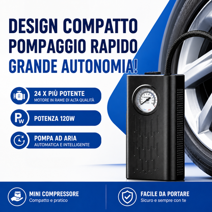 Compressore d'aria portatile senza fili, ricarica usb e arresto automatico