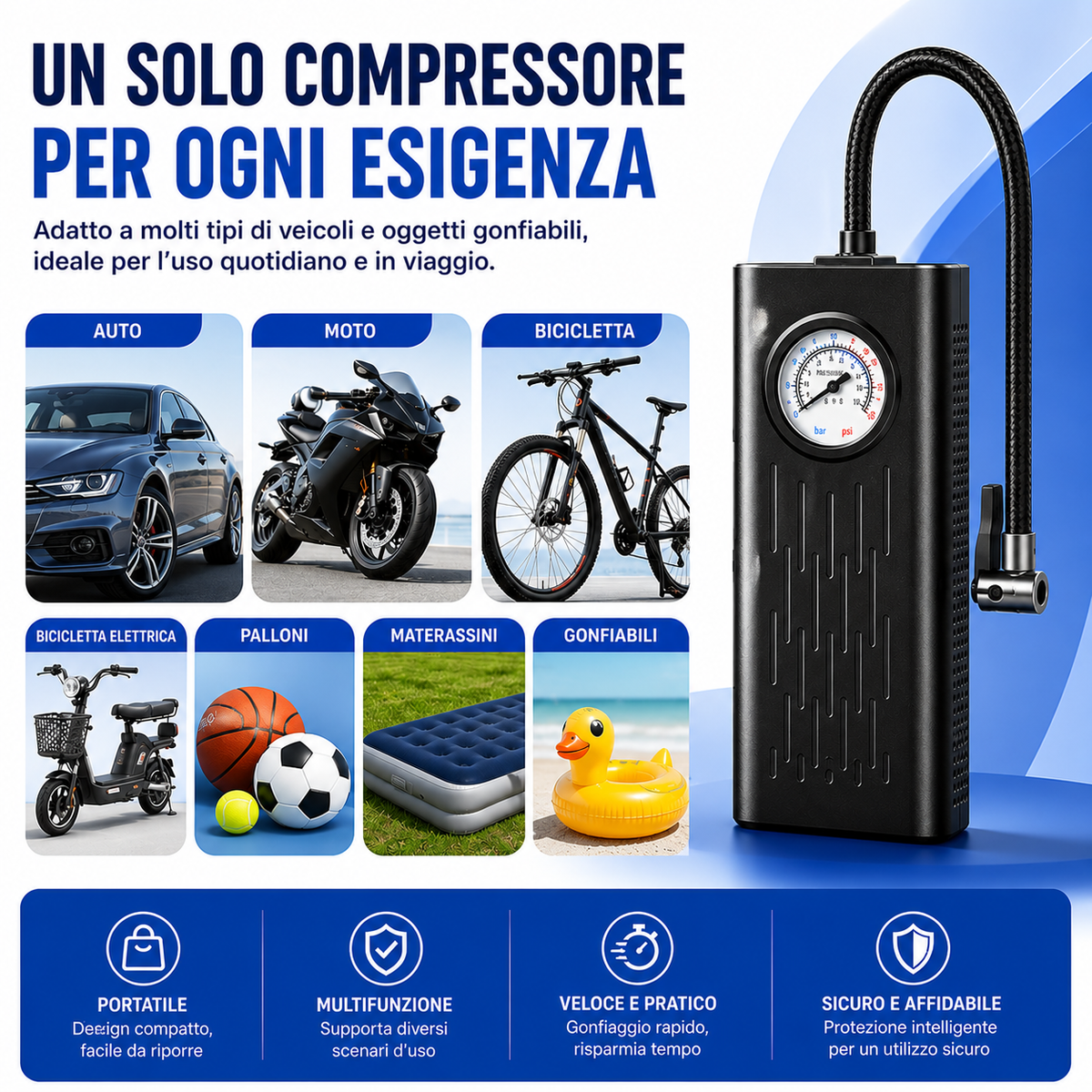 Compressore d'aria portatile senza fili, ricarica usb e arresto automatico