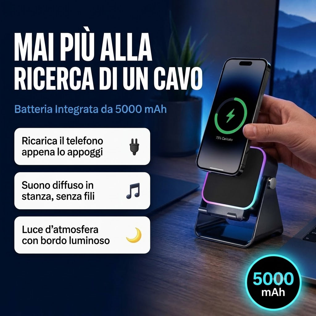 Stazione di Ricarica Wireless 3 in 1 con Cassa a Induzione e Supporto Regolabile