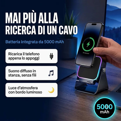 Stazione di Ricarica Wireless 3 in 1 con Cassa a Induzione e Supporto Regolabile
