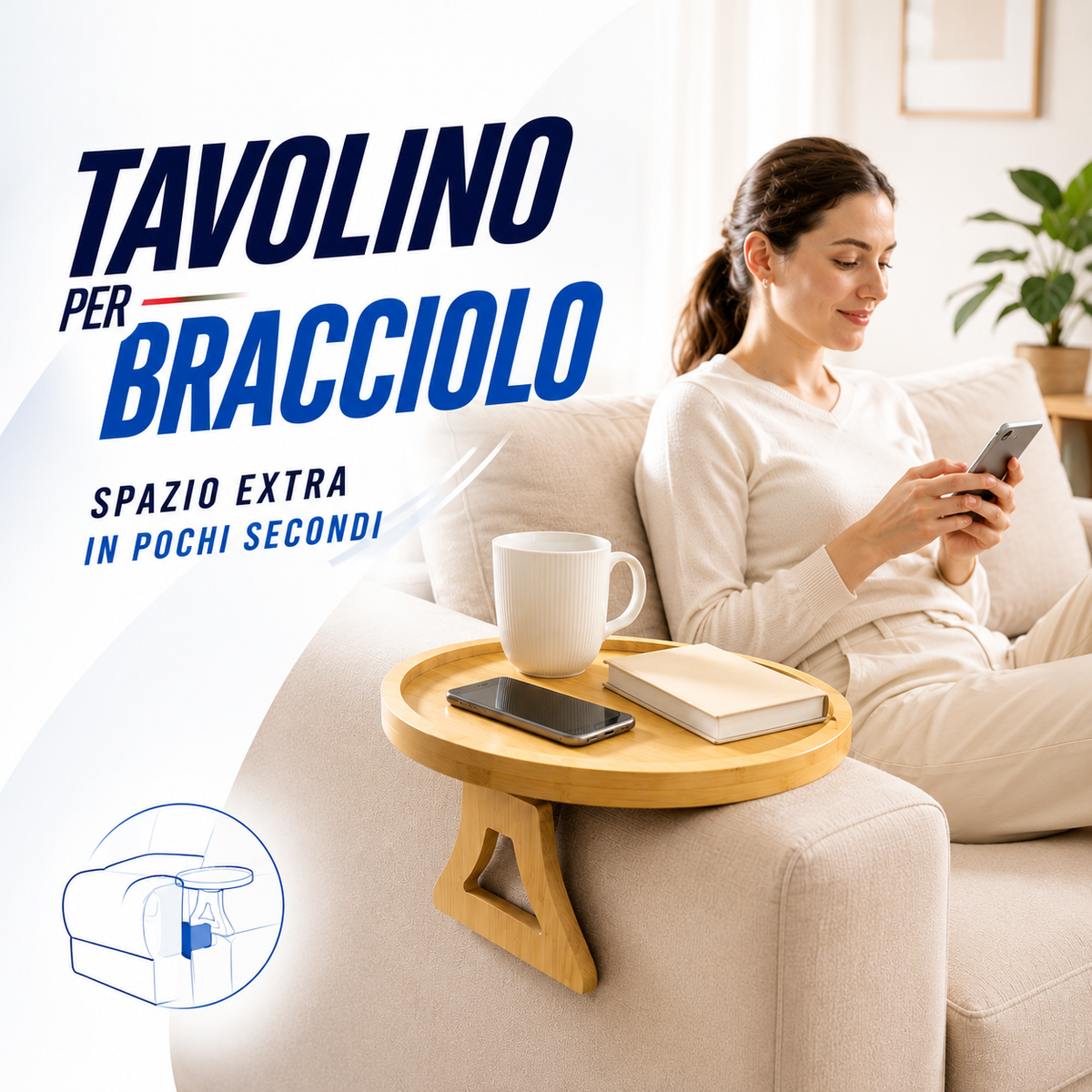 Vassoio per bracciolo del divano con clip in legno di alta qualità