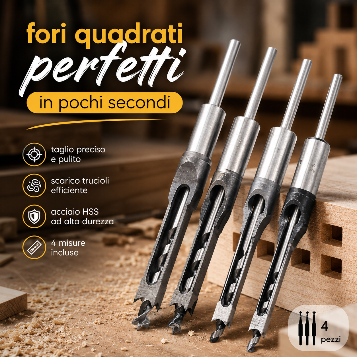 Kit Professionale per Fori Quadrati nel Legno – 4 Misure