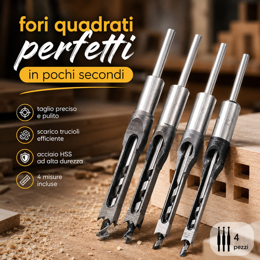 Kit Professionale per Fori Quadrati nel Legno – 4 Misure
