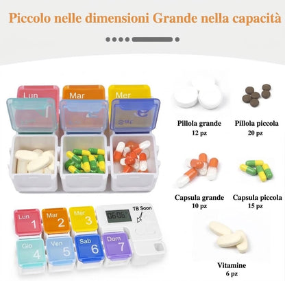 Portapillole Settimanale Elettronico con Timer, Allarme Sonoro e 7 Scomparti Estraibili