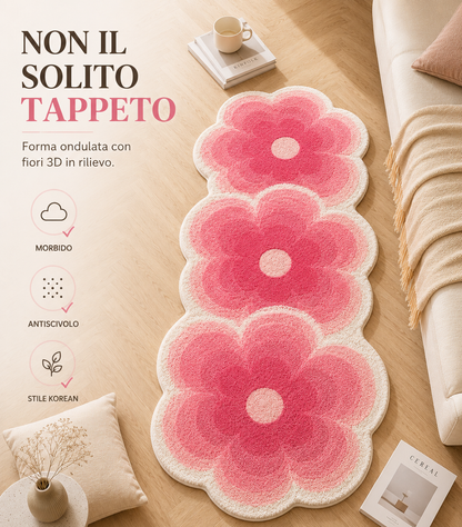 Tappeto Runner da Letto Sagomato a Onda con Fiori 3D