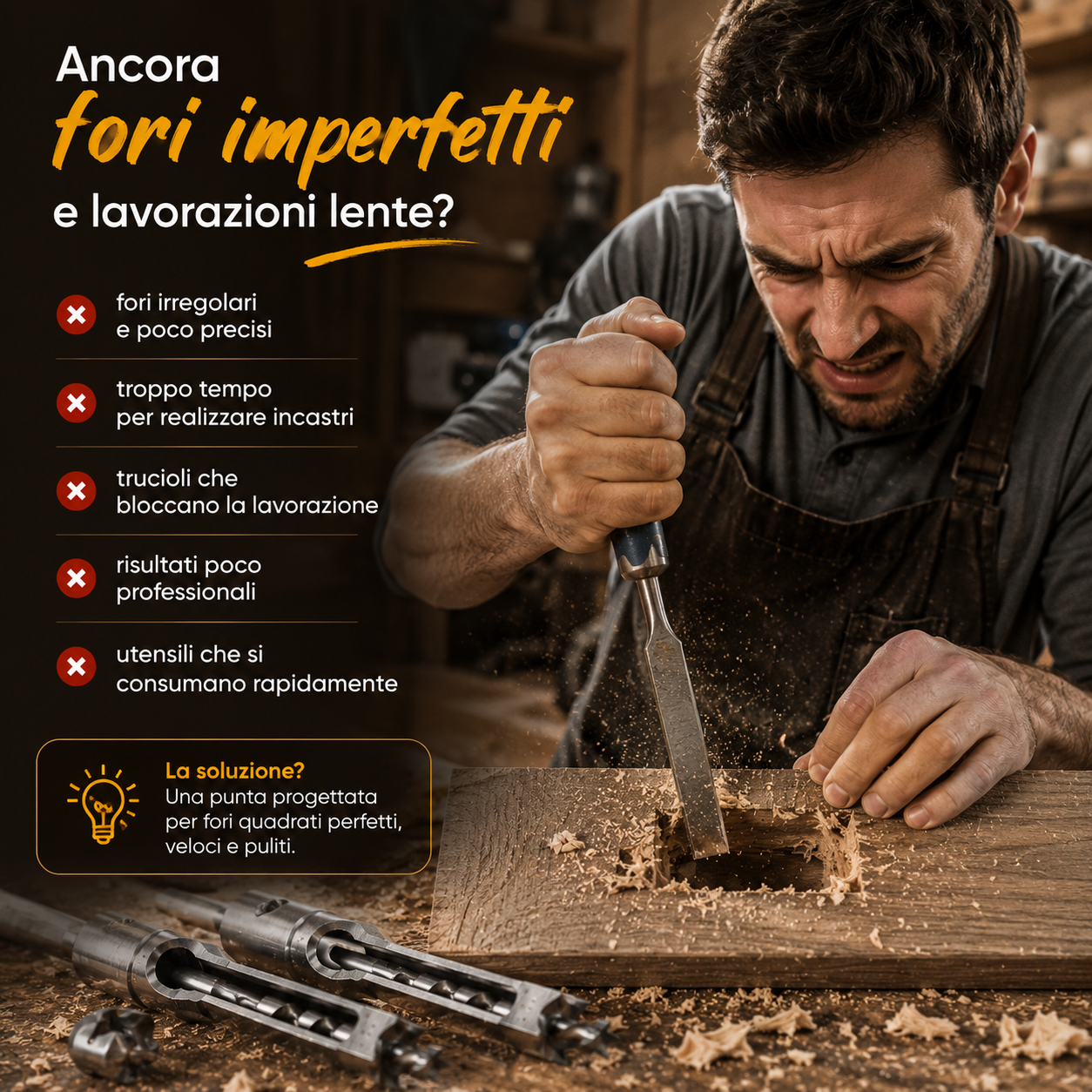 Kit Professionale per Fori Quadrati nel Legno – 4 Misure