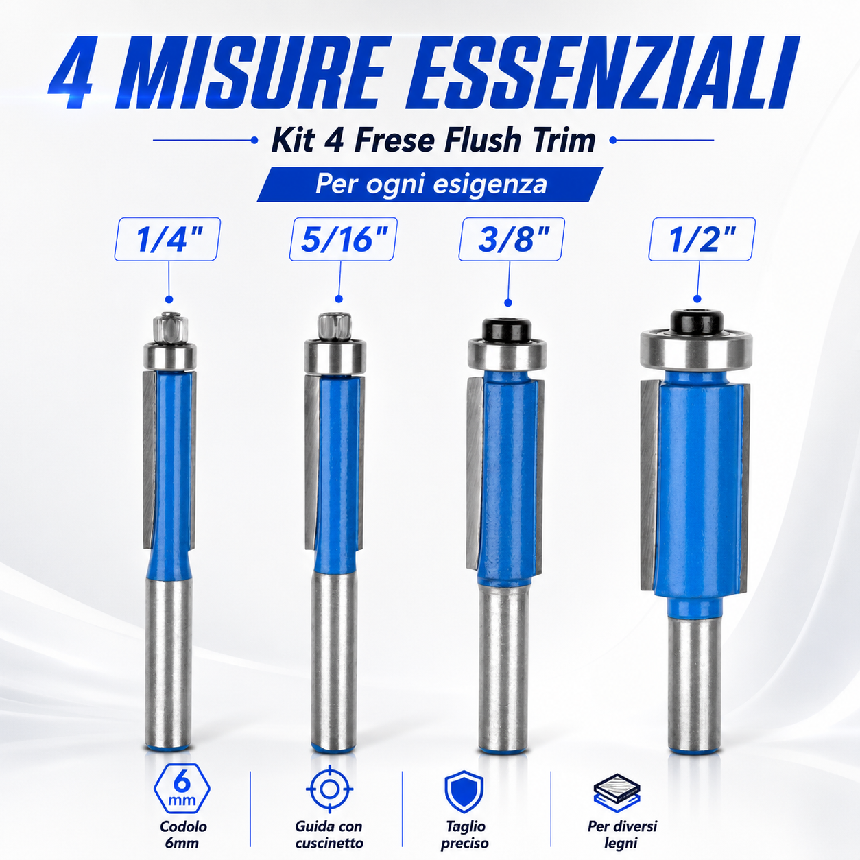 Set di punte per fresatrice a rifilare con cuscinetto superiore