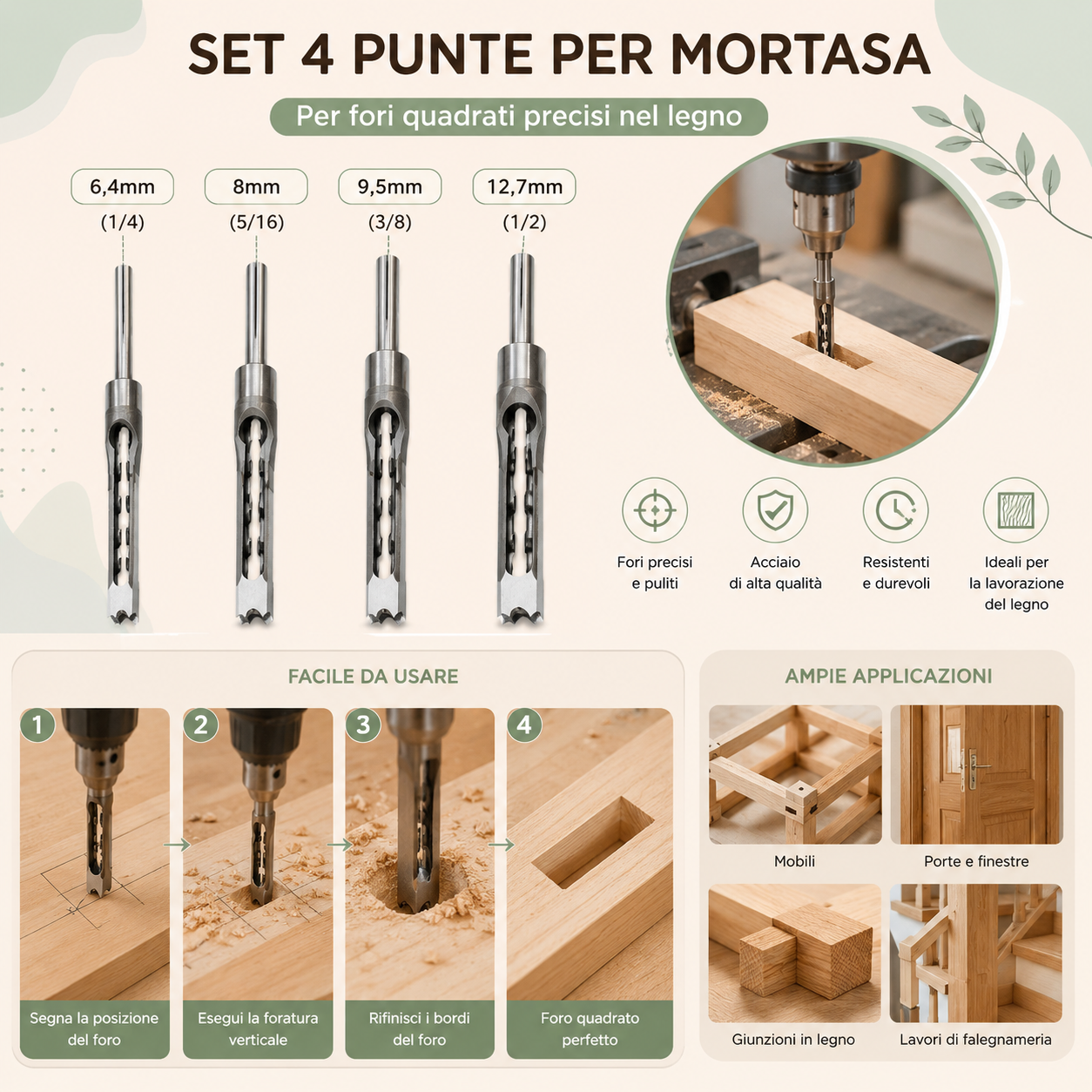 Set 4 Punte per Fori Quadrati nel Legno