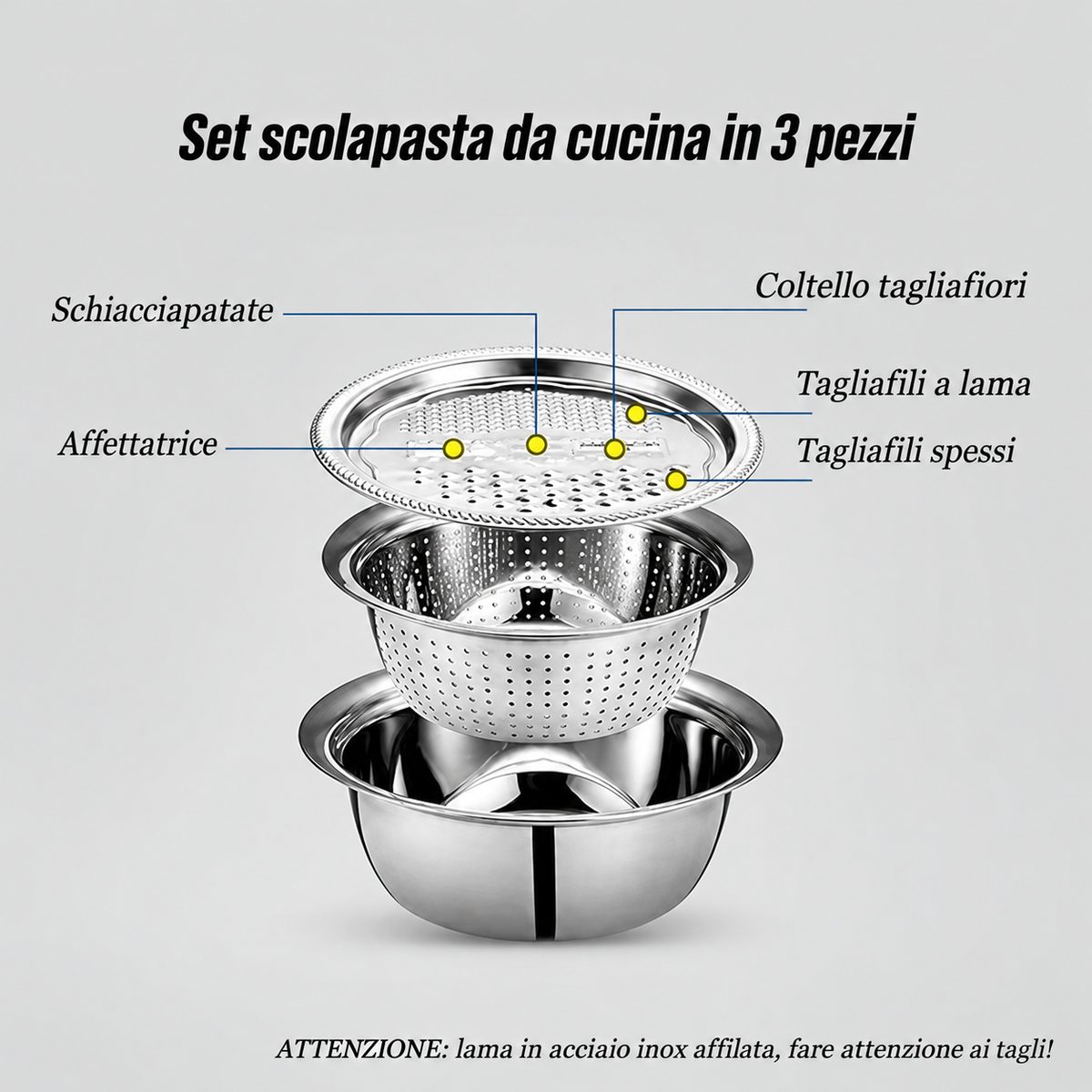 Set Ciotola Multifunzione 3 in 1 in Acciaio Inox 🥣