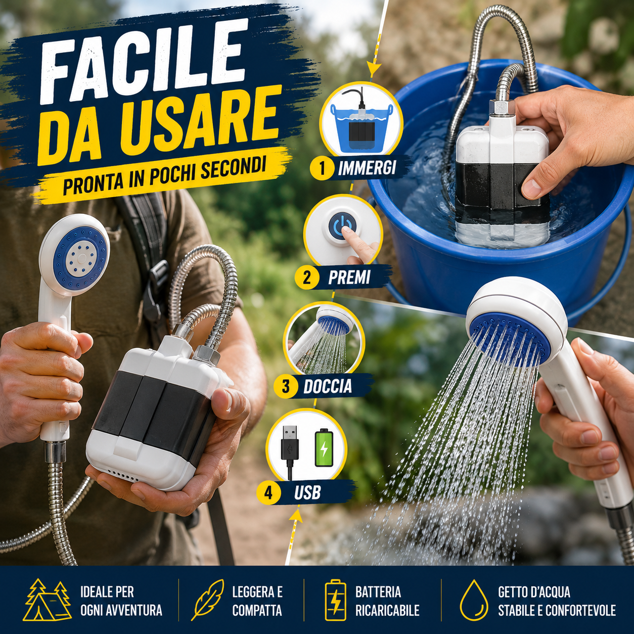 🚿🏕️ Doccia Portatile Ricaricabile per Campeggio e Outdoor