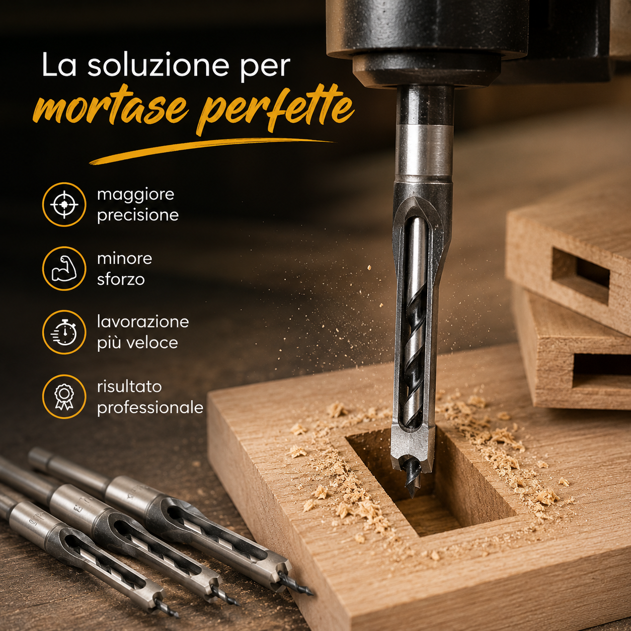 Kit Professionale per Fori Quadrati nel Legno – 4 Misure