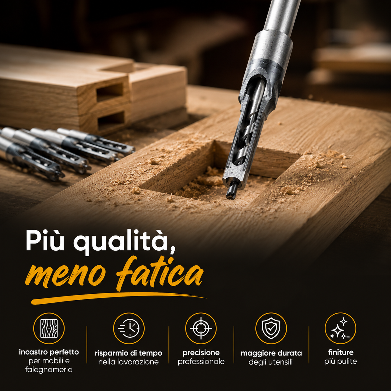 Kit Professionale per Fori Quadrati nel Legno – 4 Misure