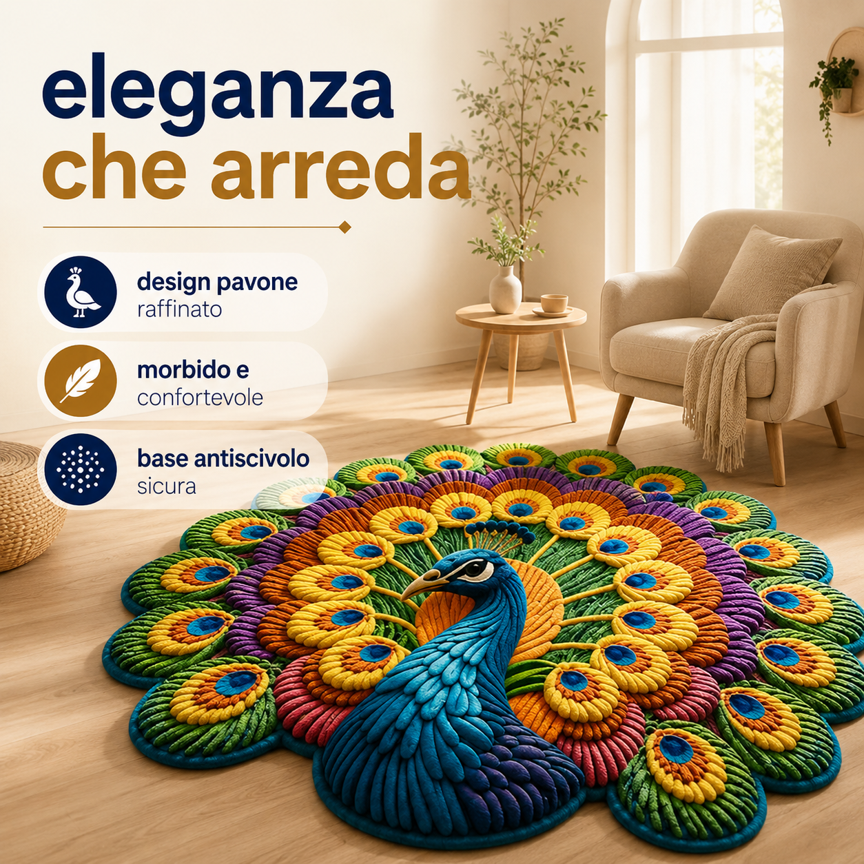 Tappeto Decorativo Pavone 3D