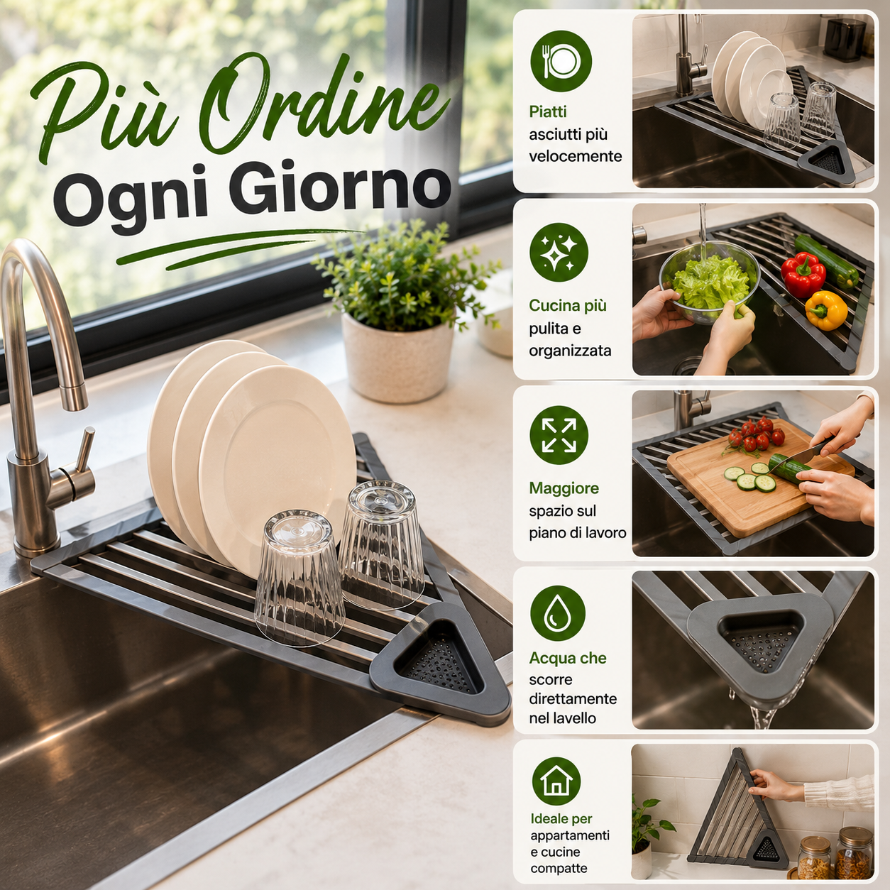 Scolapiatti Triangolare Pieghevole Salvaspazio