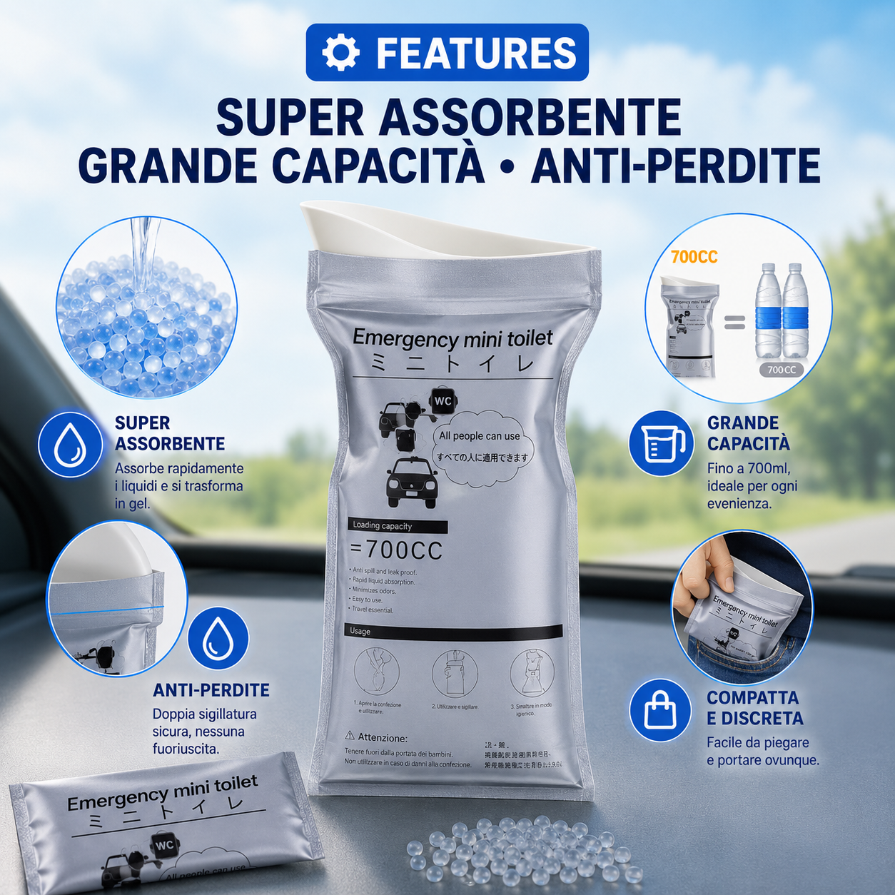 💥Mini bag toilette d’emergenza 700ml 💥