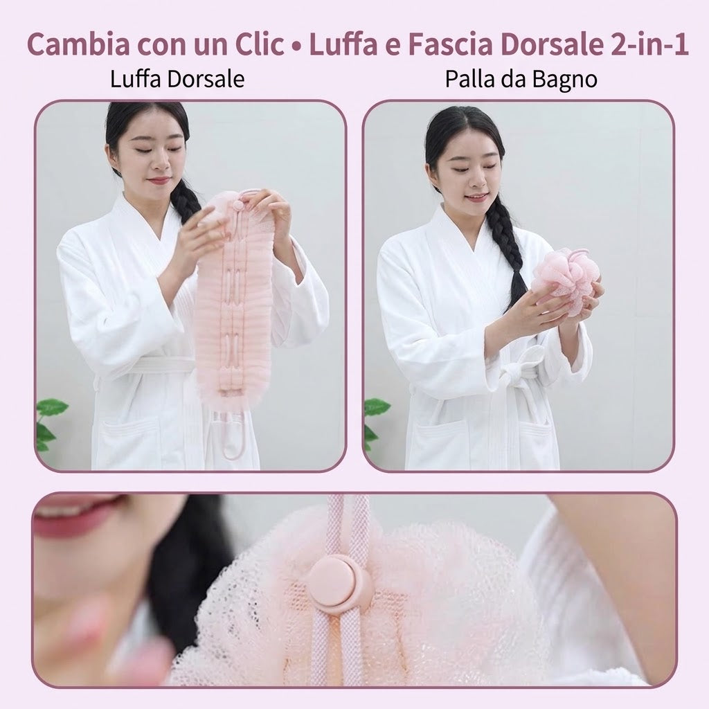 Set da bagno esfoliante: guanto da bagno, spugna e fascia esfoliante per la schiena.