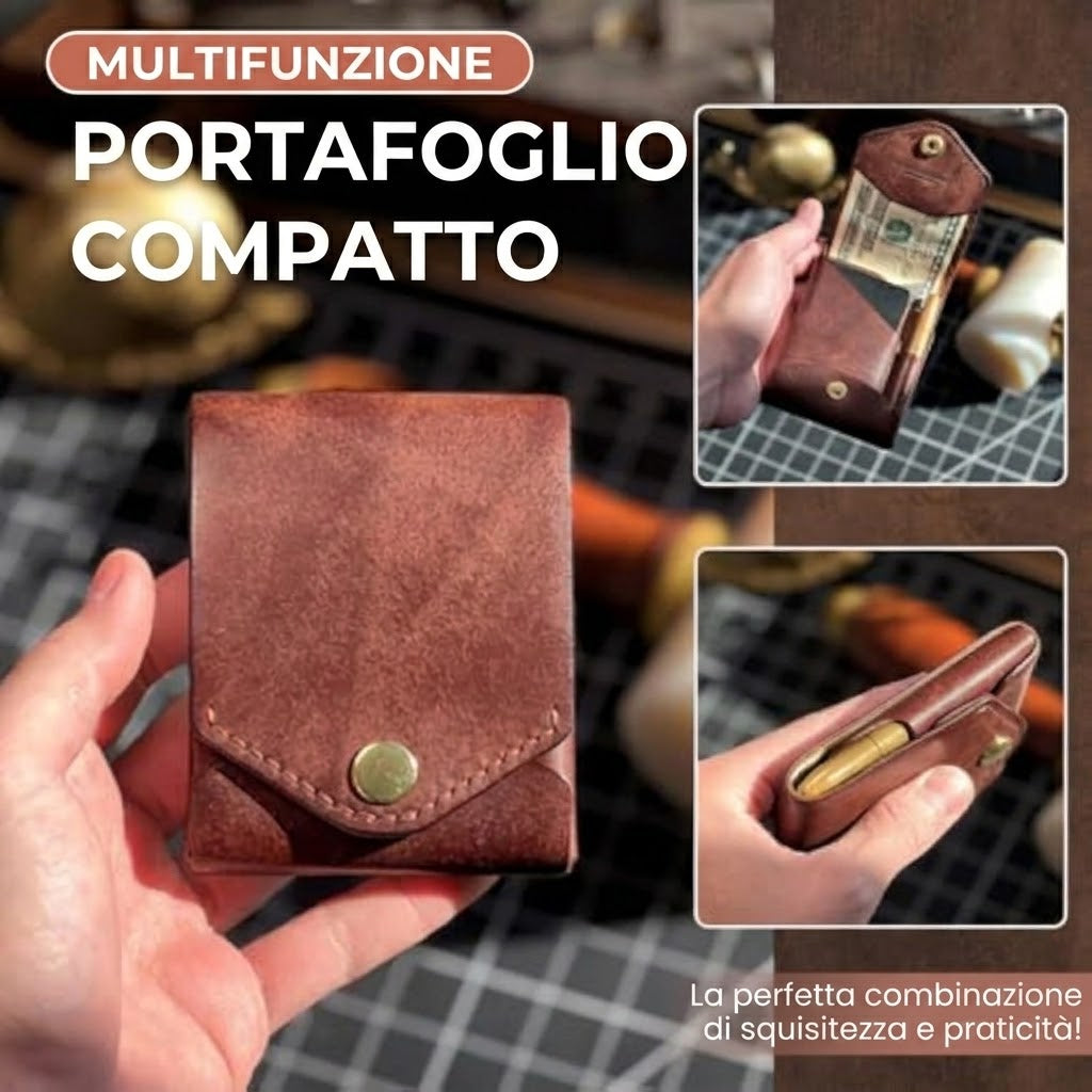 PORTAFOGLIO IN PELLE MINIMALISTA CON PENNA IN OTTONE
