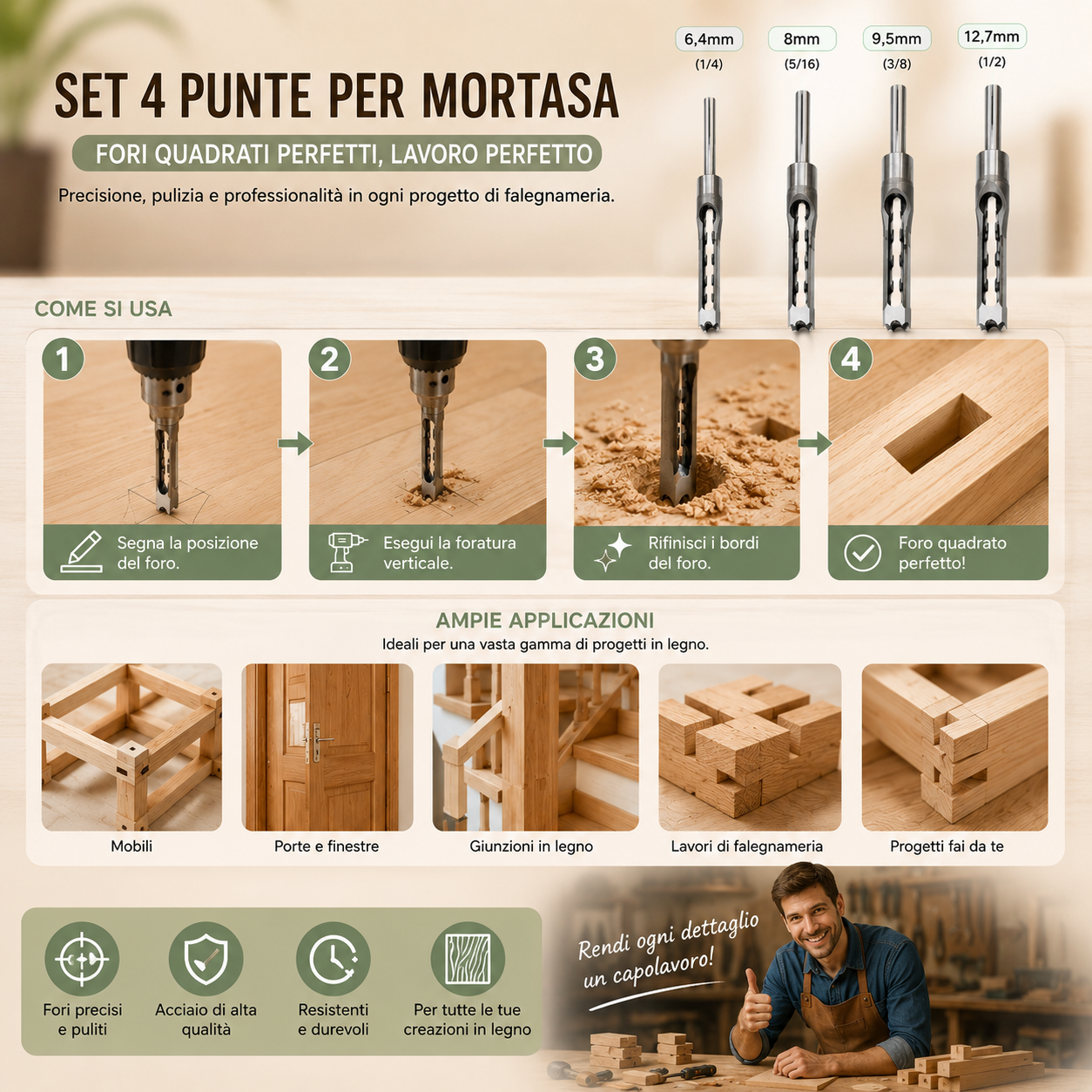 Set 4 Punte per Fori Quadrati nel Legno
