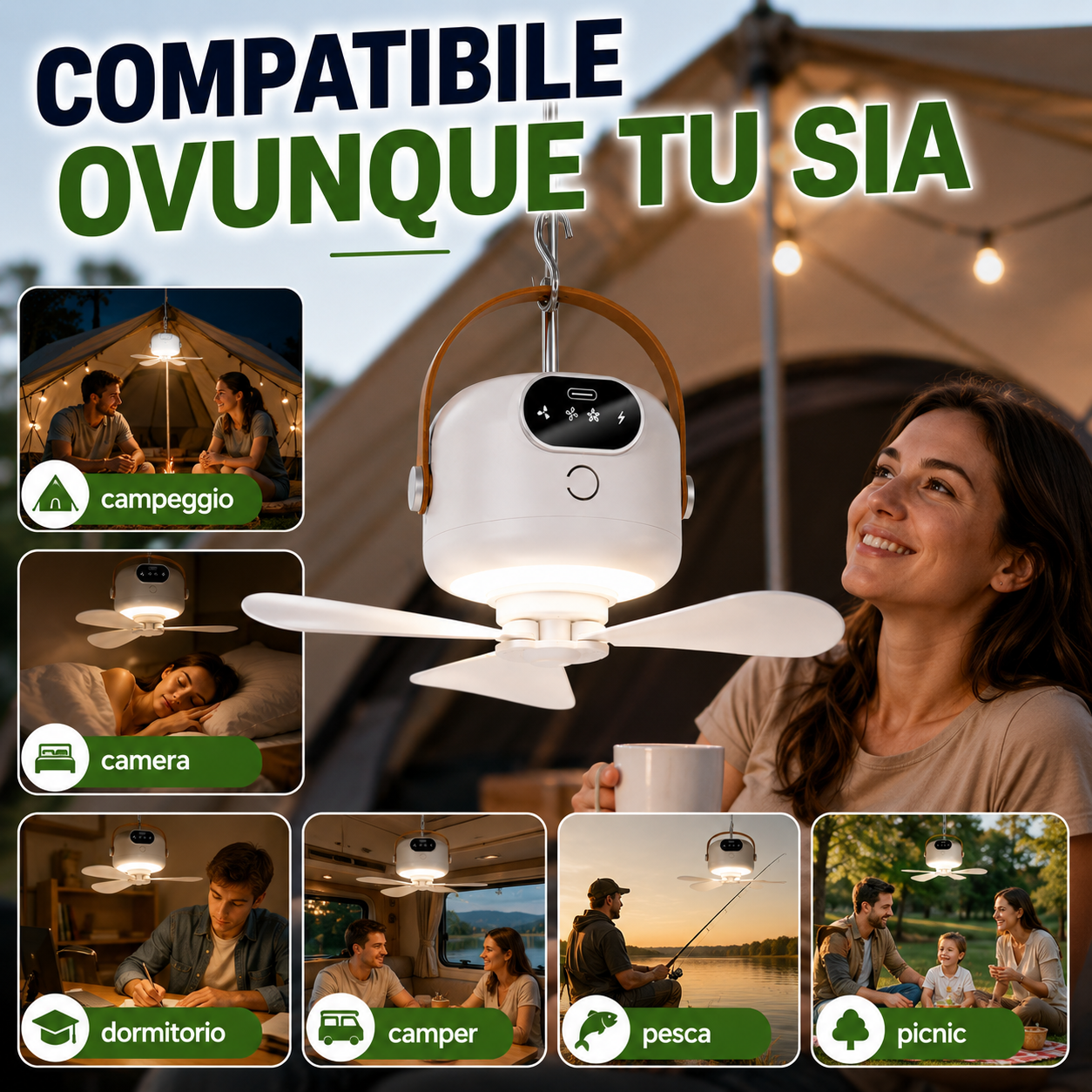 Ventilatore da soffitto portatile con luce LED e telecomando