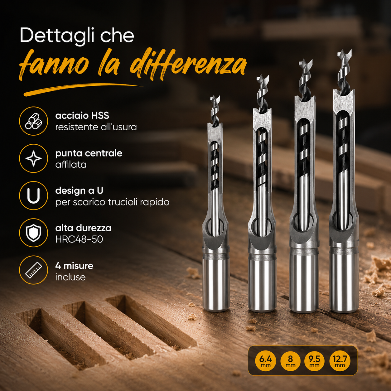 Kit Professionale per Fori Quadrati nel Legno – 4 Misure