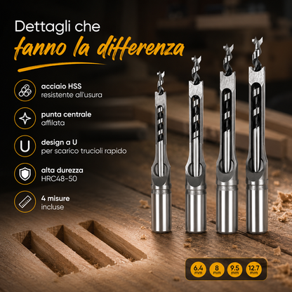Kit Professionale per Fori Quadrati nel Legno – 4 Misure