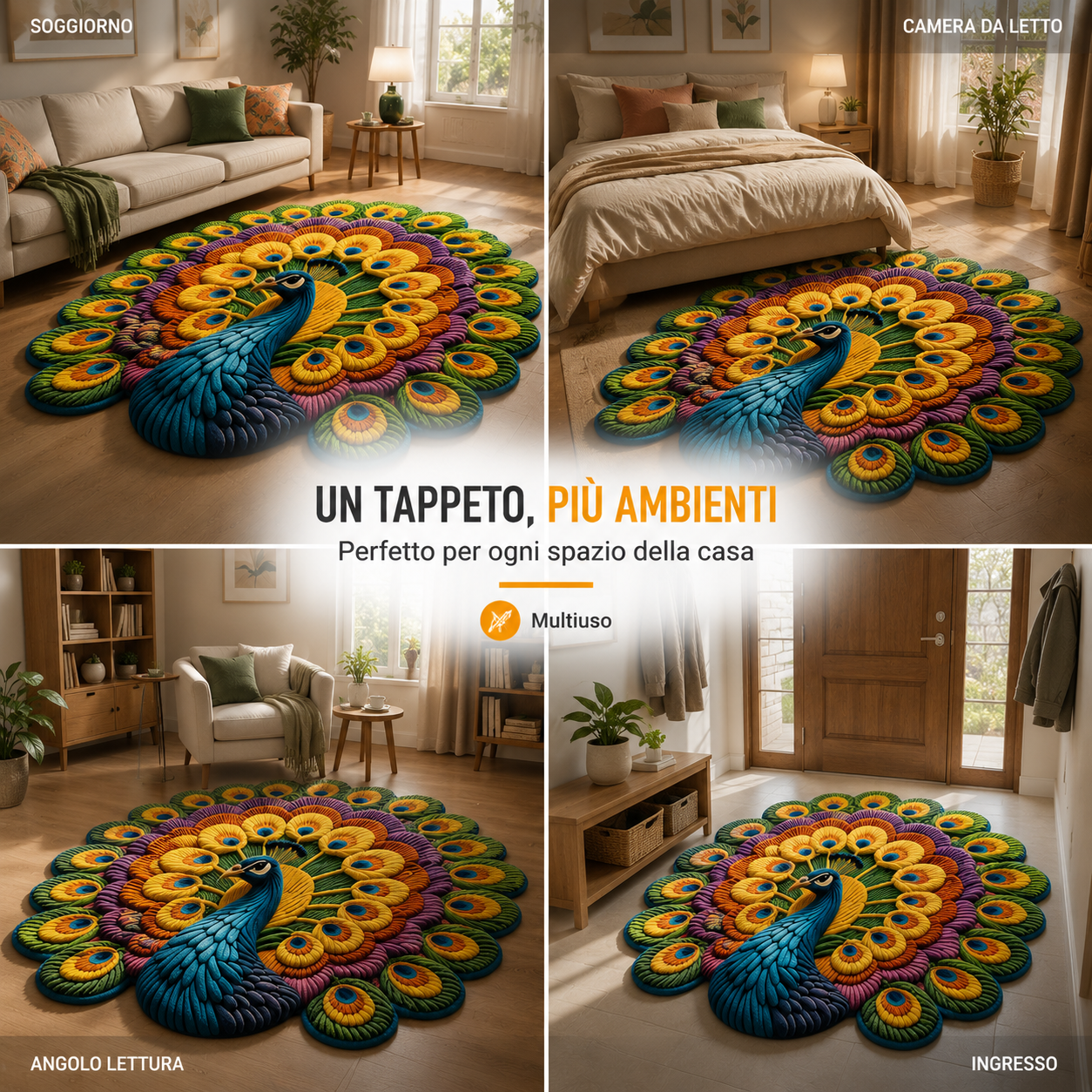 Tappeto Pavone 3D Antiscivolo Lavabile