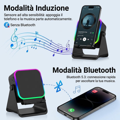 Stazione di Ricarica Wireless 3 in 1 con Cassa a Induzione e Supporto Regolabile