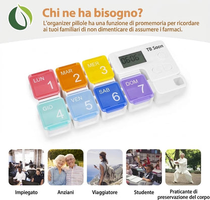 Portapillole Settimanale Elettronico con Timer, Allarme Sonoro e 7 Scomparti Estraibili