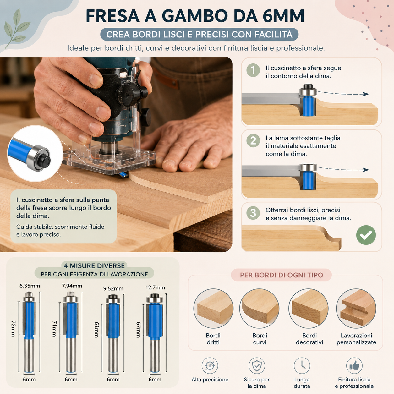 Set 4 frese per legno con gambo 6 mm – kit punte per fresatrice professionali 4 pezzi