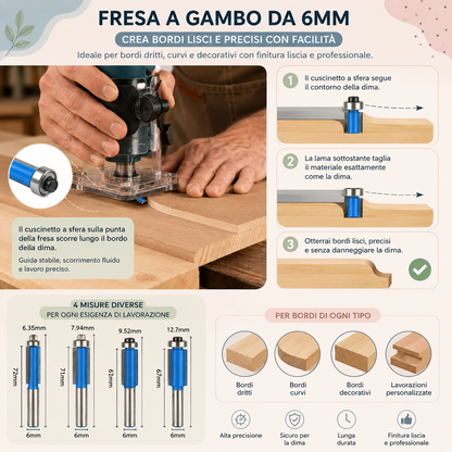 Set 4 frese per legno con gambo 6 mm – kit punte per fresatrice professionali 4 pezzi