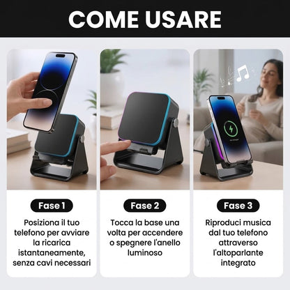 Stazione di Ricarica Wireless 3 in 1 con Cassa a Induzione e Supporto Regolabile
