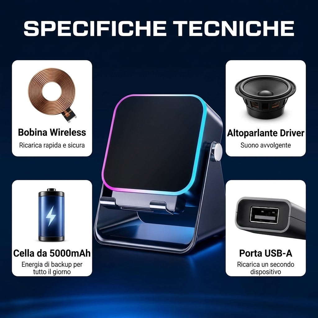 Stazione di Ricarica Wireless 3 in 1 con Cassa a Induzione e Supporto Regolabile