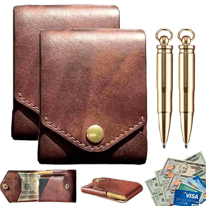 PORTAFOGLIO IN PELLE MINIMALISTA CON PENNA IN OTTONE