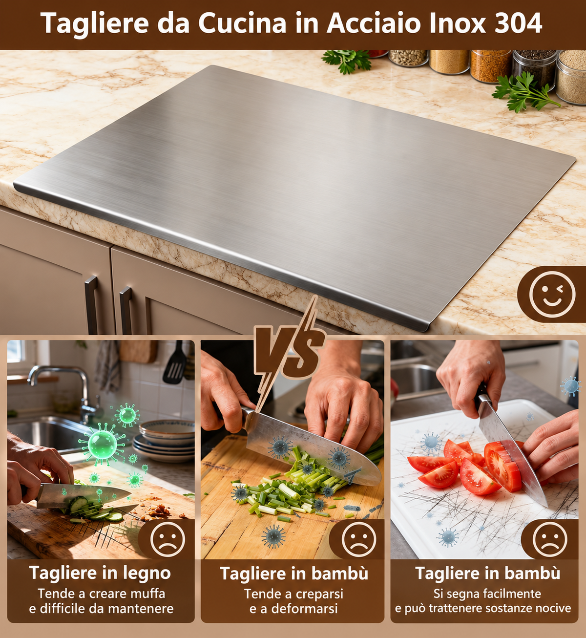 Tagliere da Cucina in Acciaio Inox 304