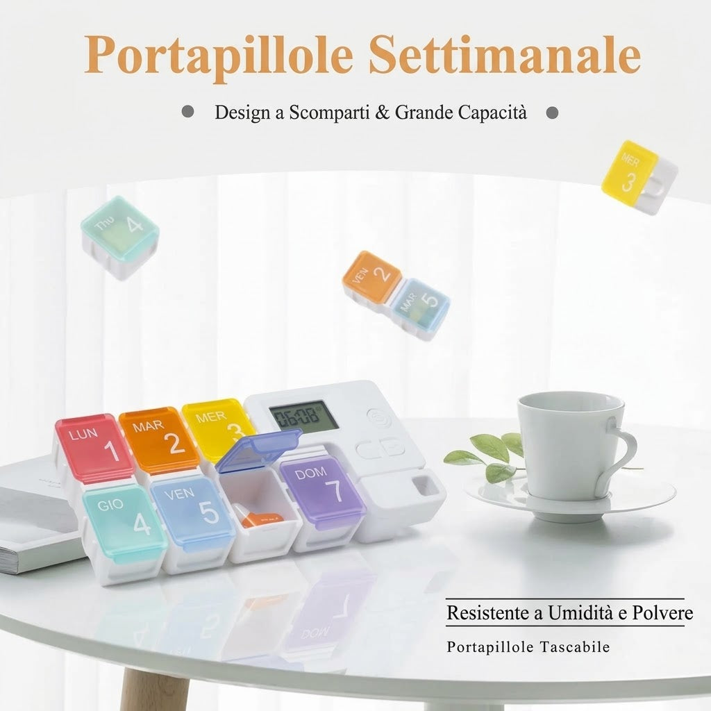 Portapillole Settimanale Elettronico con Timer, Allarme Sonoro e 7 Scomparti Estraibili