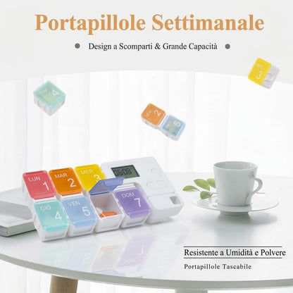 Portapillole Settimanale Elettronico con Timer, Allarme Sonoro e 7 Scomparti Estraibili