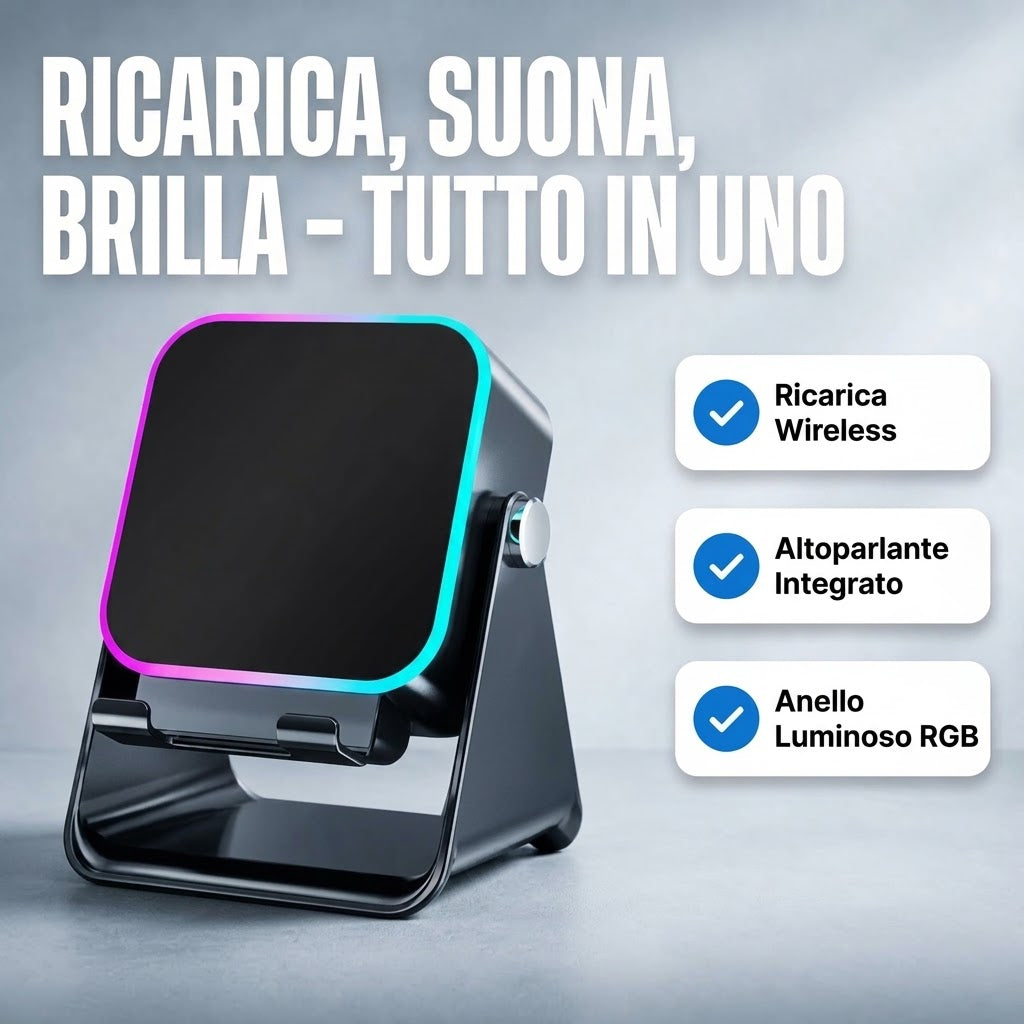 Stazione di Ricarica Wireless 3 in 1 con Cassa a Induzione e Supporto Regolabile