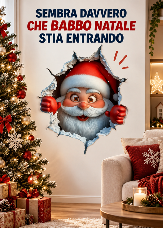 Adesivo 3D Babbo Natale con Effetto Muro Rotto
