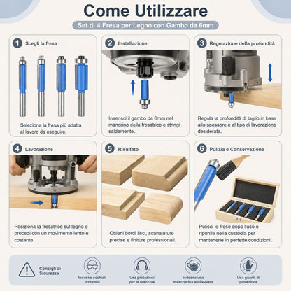 Set 4 frese per legno con gambo 6 mm – kit punte per fresatrice professionali 4 pezzi