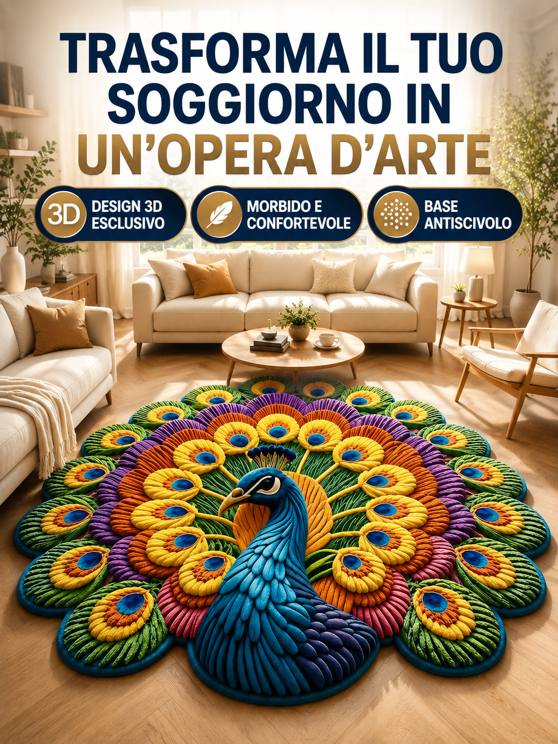 Tappeto Rotondo 3D Pavone e Fiori
