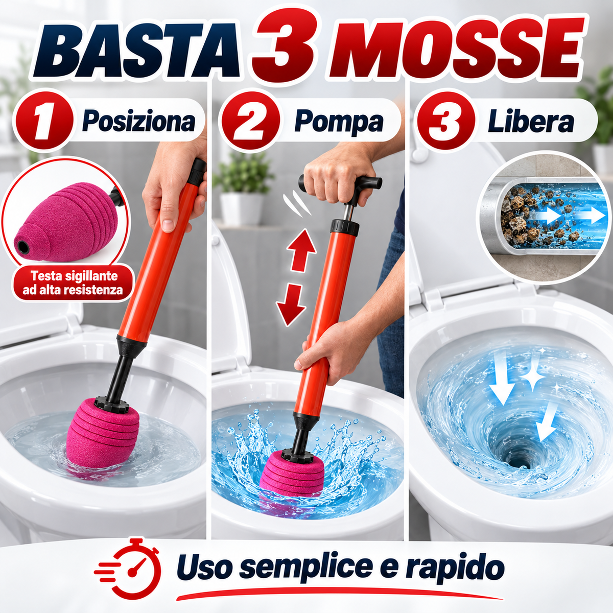 Pompa sturalavandini manuale ad aria compressa per WC e tubature